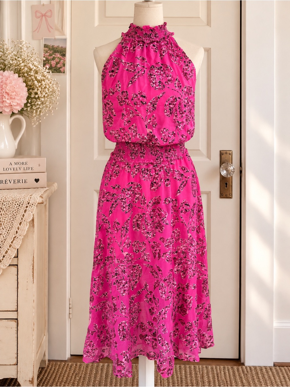 White House Black Market Fuchsia Floral Halter Midi Dress